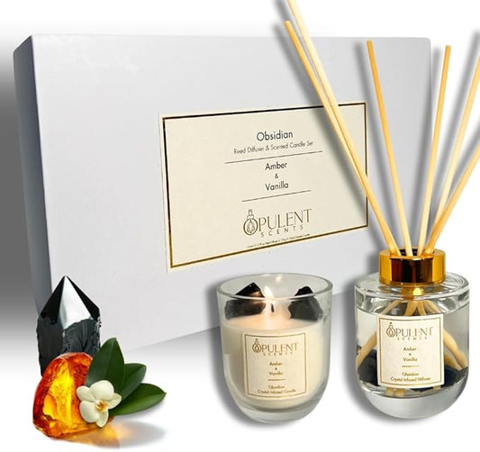Crystal Candle & Diffuser Set with Obsidian – Amber & Vanilla Aroma by Opulent Scents | 100% Natural Soy Wax & Oils | Healing & Protection Gift for Home