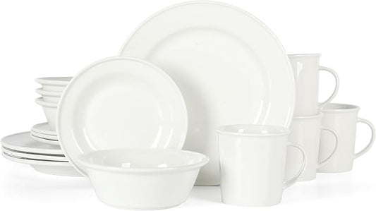 Martha Stewart Cliffield High Fired 16-Piece Porcelain Chip and Scratch Resistant Plates, Bowls, and Mugs Dinnerware Set, Service for 4 - White