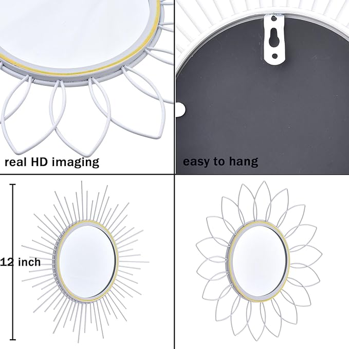3 Pack Metal Mirrors for Wall Sunburst Wall Mirrors Home Décor Decorative Hanging Wall Art for Living Room Bedroom Entryway (White, Flower+Sunburst)