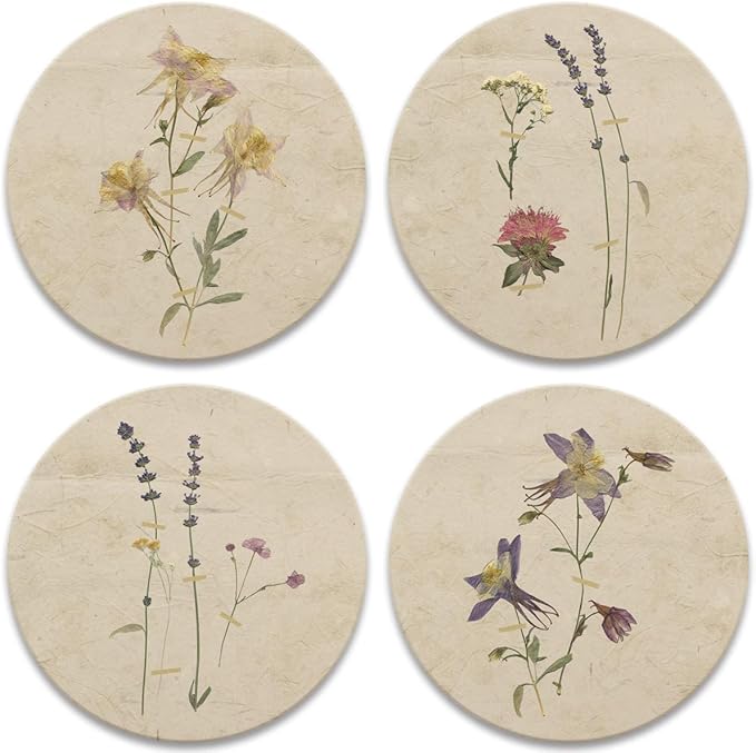 Pressed Flowers Drink Coasters, Absorbent Self Drying Absorbent Coasters for Hot or Cold Drinks Neutral Décor
