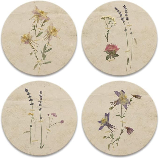 Pressed Flowers Drink Coasters, Absorbent Self Drying Absorbent Coasters for Hot or Cold Drinks Neutral Décor