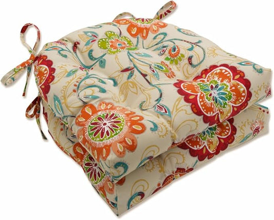 Pillow Perfect Bright Floral Indoor/Outdoor Chairpad with Ties Reversible, Tufted, Weather, and Fade Resistant, 15.5" x 16", Tan Fanfare 2 Count
