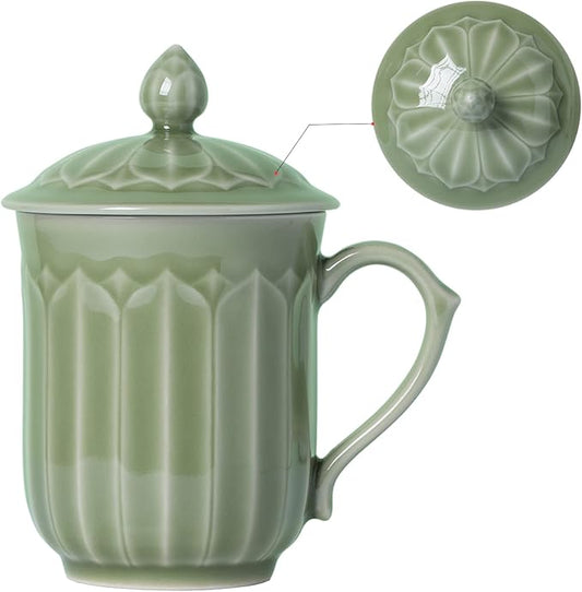 Porcelain Lotus Tea Cup with Lid and Handle, 12 oz Unique Coffee Mug, Microwave Dishwasher Safe, Gifts for Women and Men, Aesthetic Chinese Celadon 1 Pack (Kiwi Green)