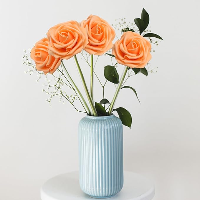 200PCS Orange Artificial Flowers Roses Real Looking Foam Fake Roses with Leaves for DIY Wedding Bouquets Bridal Shower Party Decorations (Orange, 200)