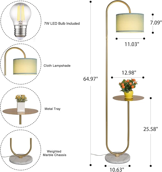 Hsyile KU300272 Arc Floor Lamp with Hanging Drum Shade for Living Room-Marble Base Modern Tall Stand Up Light with Table, Contemporary Over The Couch Gold Lamp Standing Lamps for Bedroom Office