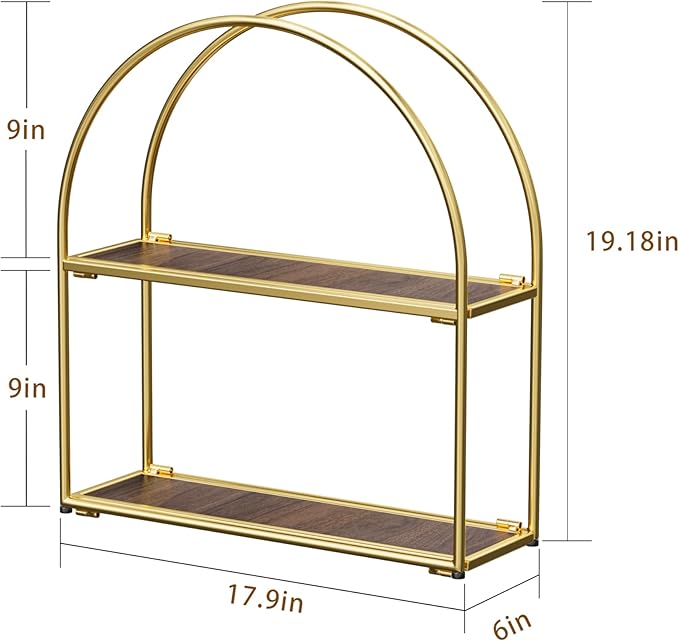 Crofy Gold Arched Frame Wall Shelf, Decorative 2 Tier Bathroom Wall Shelf with Walnut Finish Shelves and Robust Storage Capacity, 6" D x 17.9" W x 19.18" H
