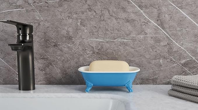 6.5" Ceramic Mini Decorative Clawfoot Bathtub Bar Soap Dish, Kitchen Sponge Holder and Shower Tray for Bathroom, 1 Pack(Pacific Blue)