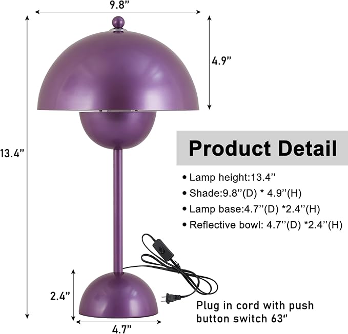 COSYLUX Modern Small Table Lamp for Bedroom, Cute Dome Shade Reflecting Light Reading Lamp for Living Room, Kid's Room, Study, Office, Beside Bedside Nightstand Desk Lamp(Pearl Purple)