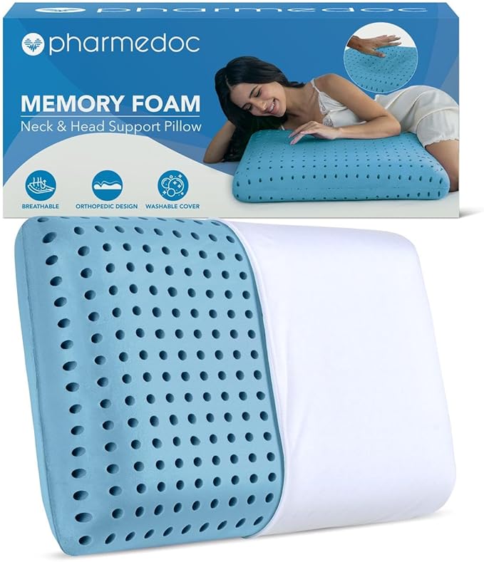 Pharmedoc Cooling Memory Foam Pillows, 1 Pack, Ventilated Cool Blue Bed Pillow, Reading and Bed Rest Pillows, Standard, Back Sleeper and Side Sleeper Support, Sleeping Pillows for Adults