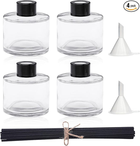4PCS Fragrance Glass Diffuser Bottles, Refillable Diffuser Bottles with 20pcs Reeds Sticks & Black Caps & Funnel, Diffuser Jars for Home Oil Fragrance Decoration Girl Women Gift (100ML)