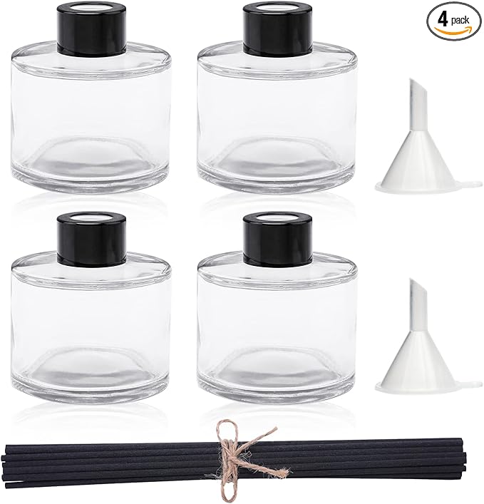 4PCS Fragrance Glass Diffuser Bottles, Refillable Diffuser Bottles with 20pcs Reeds Sticks & Black Caps & Funnel, Diffuser Jars for Home Oil Fragrance Decoration Girl Women Gift (200ML)