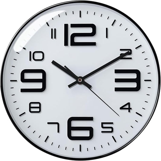 Plumeet Wall Clock, 12'' Bedroom Wall Clocks Battery Operated, Silent Quartz Clock Decorate Kitchen Living Room, 3D Numbers Display Easy to Read, White