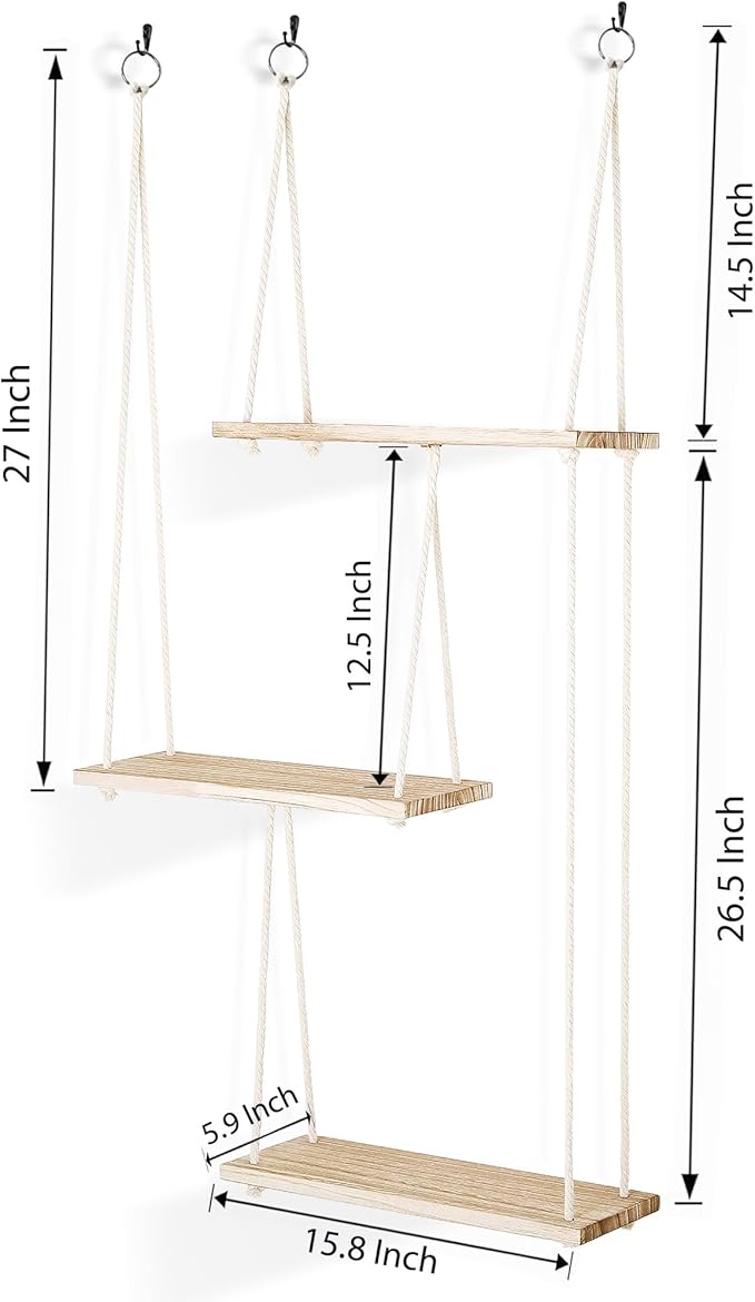 LOSOUR Hanging Shelves for Wall, 3 Tier Boho Wall Decor Hanging Plant Shelf Floating Shelves Rope Rustic Wood Organizer Storage Hanger Rack for Bedroom Kitchen Bathroom Living Room (Brown, Medium)