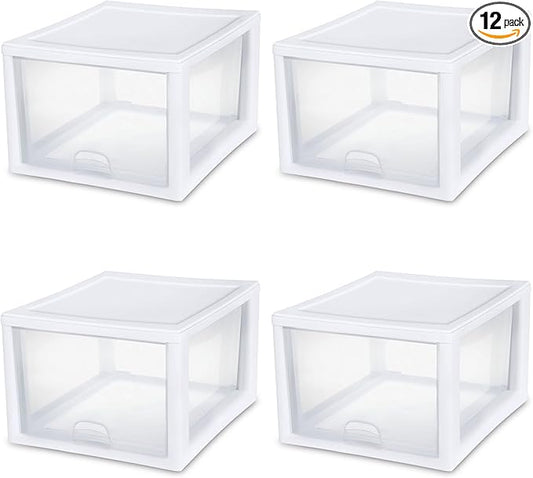 Sterilite 12-Pack 27 Quart Stacking Drawer, Clear Storage Closet Organizer, White Frame - Stackable Modular Plastic Drawers for Clothes, Accessories, Craft Supplies, Shoes or Linens