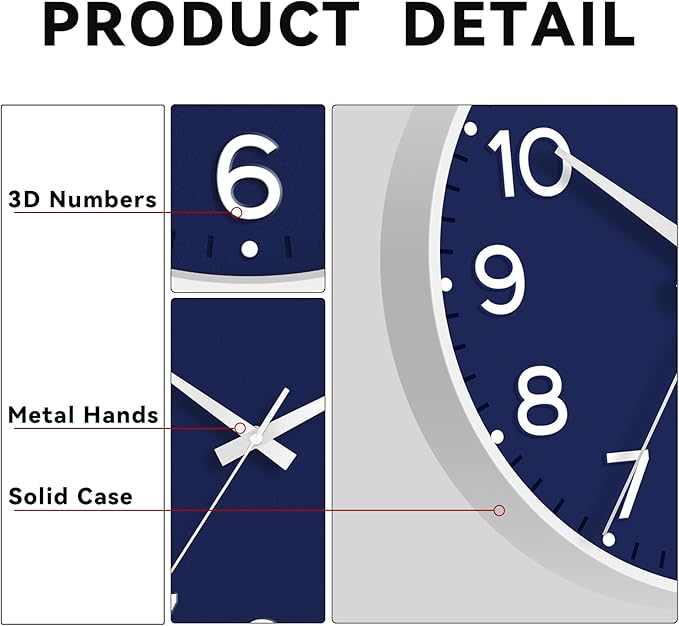 Wall Clock 12 Inch Silent Wall Clocks Battery Operated- Modern Non Ticking Analog Clock Decorative for Living Room Bedroom Office Kitchen(Navy Blue)