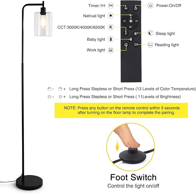 Industrial Floor Lamp, Dimmable Modern Standing Lamp with Clear Glass Shade, Black Tall Lamp with Remote & Foot Control, LED Bright Corner Lamp with 6W Bulb for Living Room Bedroom Office…