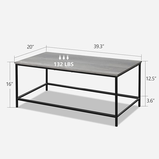 SENIG Coffee Table, Modern Industrial Style Rectangular Coffee Table, Grey Wood and Sturdy Metal Side End Table, Rustic Accent Functional Coffee Table for Living Room. 39.3 x 20 x 16