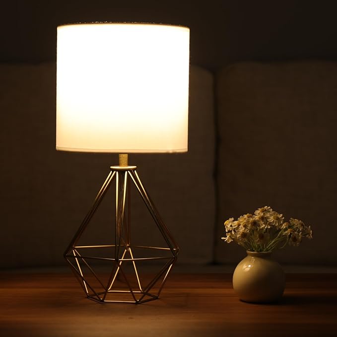COTULIN Gold Modern Small Table Lamp for Bedroom & Living Room - Geometric Metal Base, White Fabric Shade, Ideal for Bedside & Kids' Desk, Nightstand Lamp