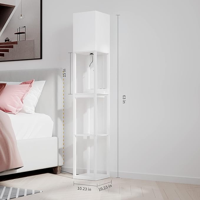 SUNMORY Dimmable Floor Lamp with Shelves,Modern Solid Wood Standing Lamp with 1 Drawer and 2 USB Ports & 2 Power Outlet,Corner Tall Bookshelf Lamp for Living Room and Bedroom(White)
