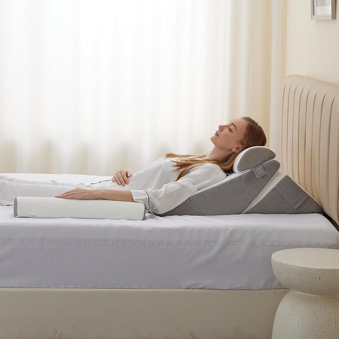 Adjustable 4pcs Bed Wedge Pillow Set, Memory Foam Wedge Pillow Post Surgery for Back, Neck, Leg Pain Relief, Pillow Wedge for Sleeping, Sitting up in Bed, Acid Reflux and GERD, White/Grey