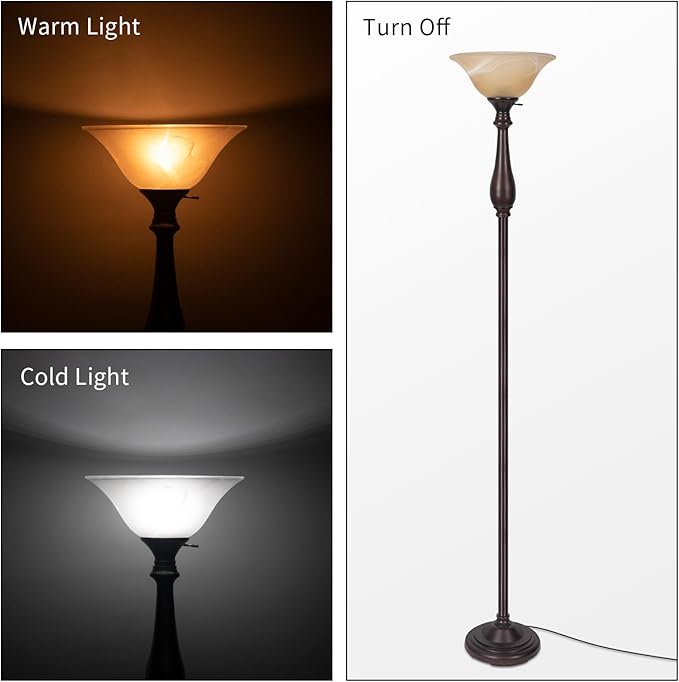 Torchiere Floor Lamp for Living Room, Standing Lamp with Glass Shade, Iron Brushed Nickel Floor Lamps, Corner Lamps for Bedroom, Office, Reading (Dark Brown)