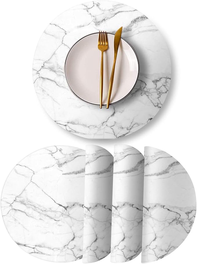 Round Leather Placemats Set of 4 PU Waterproof Non-Slip Washable Heat Resistant Place Mat for Kitchen Dining Table - Marble White