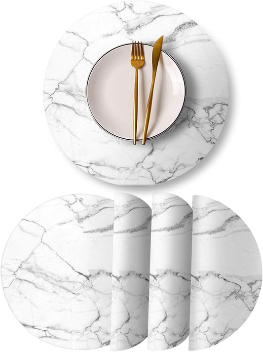 Round Leather Placemats Set of 4 PU Waterproof Non-Slip Washable Heat Resistant Place Mat for Kitchen Dining Table - Marble White