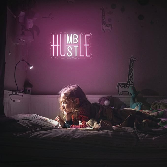 Hustle LED Neon Sign for Wall Decor, Humble LED Neon Lights for Party Decorations, USB Powered Switch Adjustable Brightness Lights, for Office Room, Gym Room, Man Cave Decor (Pink&White)