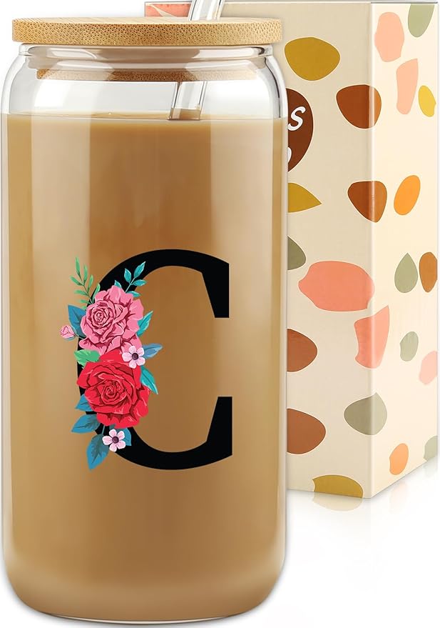 Gifts for Women, 16OZ Initial Glass Cups w/Lid Straw, Flower Tumbler, Aesthetic Cup, Monogrammed Iced Coffee Cup, Mother's Day, Birthday, Summer Break Gifts for Mom Daughter Sister Friend - Letter C