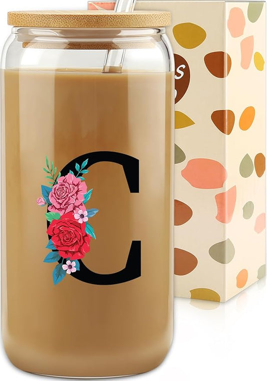Gifts for Women, 16OZ Initial Glass Cups w/Lid Straw, Flower Tumbler, Aesthetic Cup, Monogrammed Iced Coffee Cup, Mother's Day, Birthday, Summer Break Gifts for Mom Daughter Sister Friend - Letter C