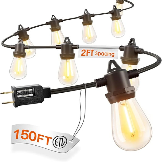 addlon 150FT Outdoor String Lights LED Waterproof Patio Lights with 81 Edison Dimmable Bulbs Shatterproof Hanging Lights for Outside Cafe Bistro Garden Balcony Porch Yard Gazebo Deck 3Packs*50FT
