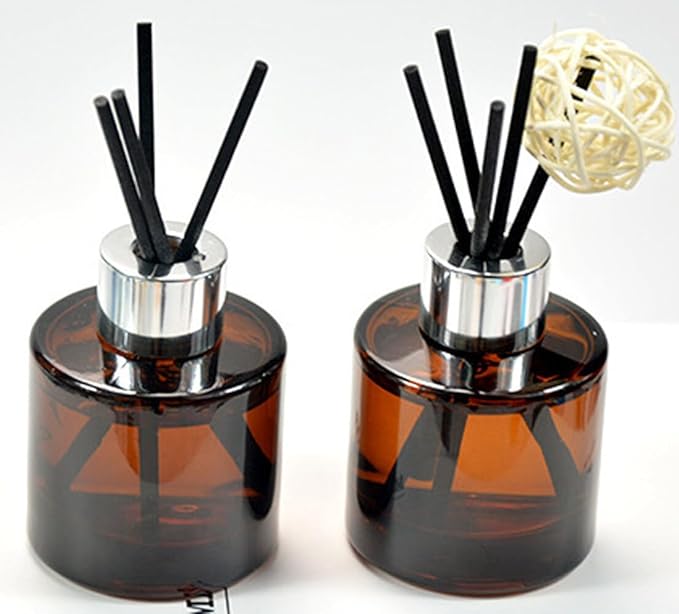 2Pcs 50Ml/1.7oz Empty Amber Round Glass Diffuser Bottles with Silver Cap Refillable Essential Oil Jars Containers Fragrance Accessories Use for DIY Crafts Decor (Diffuser Sticks Excluded)