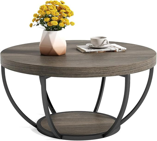 LITTLE TREE Round Coffee Table, 32" Circle Coffee Table for Living Room, 2-Tier Wood Accent Center Table with Open Storage Industrial Design Home Furniture (Grey and Black)