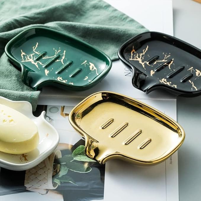 Multi-Color Ceramic Soap Dish for Kitchen or Bathroom, Easy to Clean, Self Draining Soap Holder, Keeps Soap Dry (Gold)