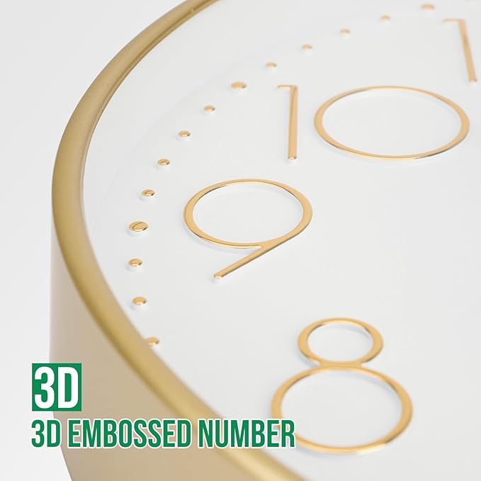 Wall Clock 12 Inch Non-Ticking Silent Modern Simple Style Round Decor Clock Gold Stereoscopic Dial Quartz Wall Clocks for Home/Office/School/Living Room/Bedroom/Kitchen