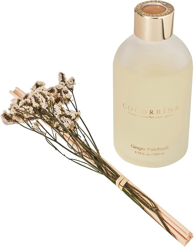 COCORRÍNA Reed Diffuser -Ginger Patchouli 6.76 oz Flower Reed Diffuser Set with 8 Sticks - Home Fragrance Office Bedroom Bathroom Shelf Decor
