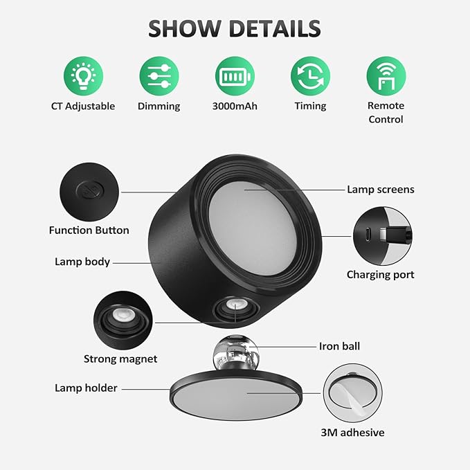 LED Wall Mounted Lights 2 Pcs with Remote, Wall Sconces Lamp 3000mAh Rechargeable Battery Operated, 3 Color Temperatures & Dimmable Magnetic 360° Rotation Cordless Light for Bedroom Bedside