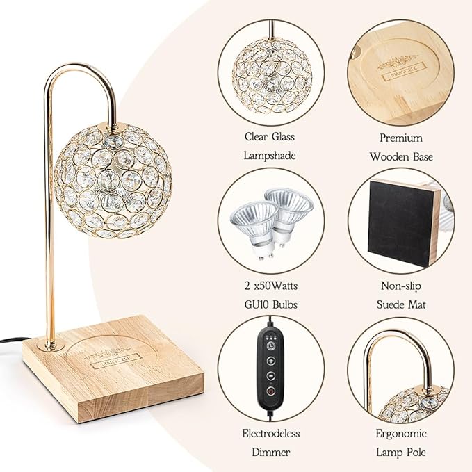 Candle Warmer Lamp with Timer, Home Decor for Mom, Gold Diamond Lamp with 2 Bulbs, Western Bedroom Accessories, Birthday Gifts for Women, Wax Warmer Lamp, Round Diamond