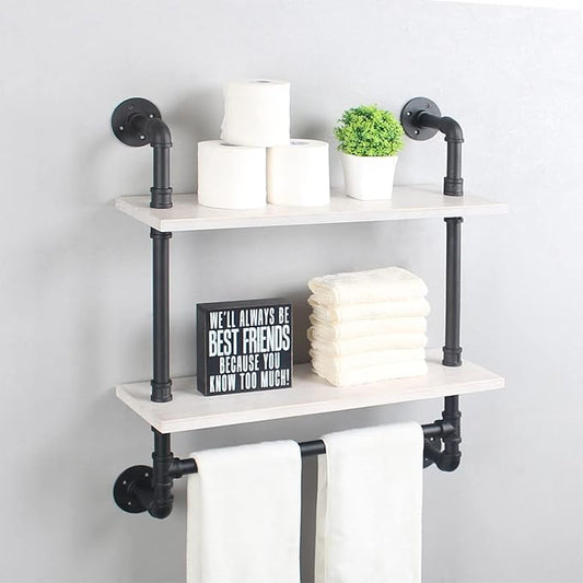 Iron Pipe Shelves Industrial Bathroom Shelves with Towel bar,24in Rustic Metal Pipe Floating Shelves Pipe Wall Shelf,2 Tier Industrial Shelf Wall Mounted,Black & White