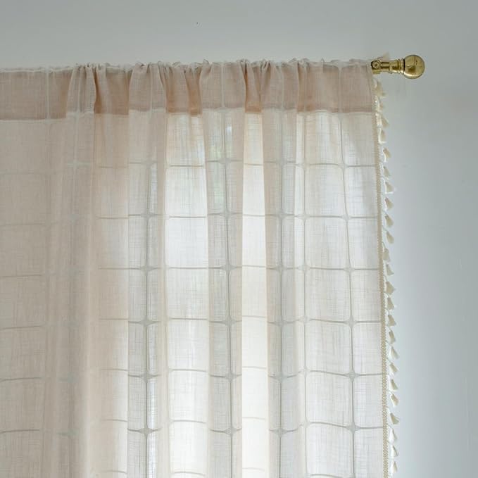 Sutuo Home Boho Curtains for Living Dining Room Bedroom 96 Inch Length, Light-filtering Vintage Chic Tassels Farmhouse Linen Window Treatment Bohemian Drape, 1 Panel 52" W x 96" L, Light Coffee Plaids