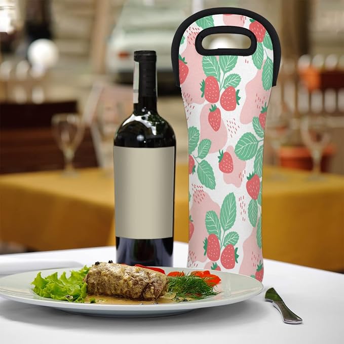 Strawberry And Seeds Wine Gift Tote Carrier Juicy Fruit Neoprene Wine Tote Bags Holder Cooler Wine Lover Gift