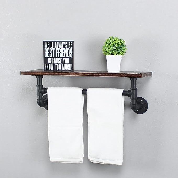 Industrial Pipe Shelving - Iron Bathroom Shelf With Towel Bar, 24in Rustic Metal Floating Wall Shelf, 1 Tier Retro Black