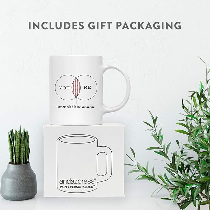 Andaz Press Valentine’s Day Funny 11oz. His Her Couples Coffee Mug Gift, You Me Bowckikkawowow, 1-Pack, Gift Box