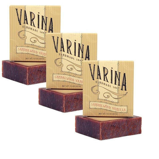 Varina Natural Sandalwood Vanilla Bar Soap - Gentle Cleansing for Sensitive Skin, Floral - 3 Pack