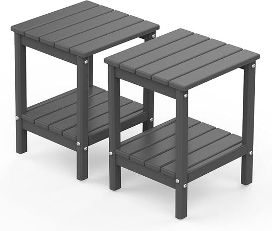 GREENVINES Adirondack-Outdoor-Side-Table | Set of 2 | 14 x 13 Inches | HDPE Plastic | All Weather | Grey | Outside End Tables | Storage Shelf | for Patio Porch Backyard Indoor