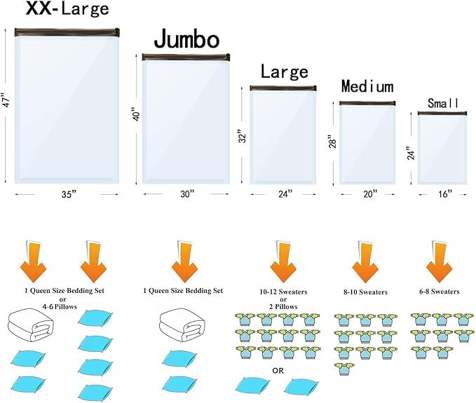 6 XX Large Vacuum Storage Bags, Space Saver Sealer Compression Bags for Blankets, Comforters, Pillows, Clothes Storage