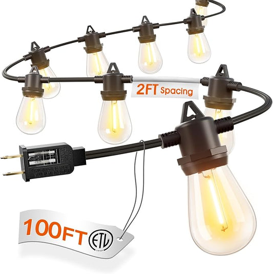 addlon 100FT Outdoor String Lights LED Waterproof Patio Lights with 54 Edison Dimmable Bulbs Shatterproof Hanging Lights for Outside Cafe Bistro Garden Balcony Porch Yard Gazebo Deck 2Packs*50FT