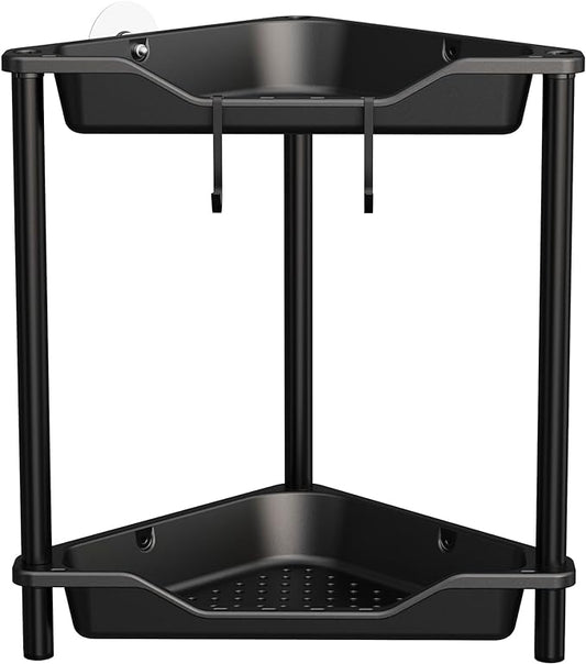 Orimade Rustproof 2 Tier Floor Standing Corner Shower Caddy Organizer, Plastic Metal Splicing Floor Corner Shelf Rack Stands for Bathroom, Black