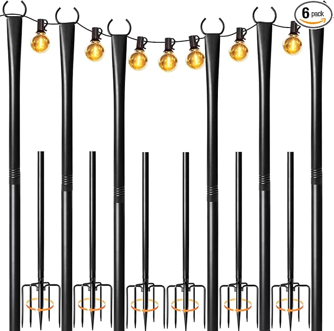 6 Pack String Light Poles for Outside, 10ft Heavy-Duty Metal Light Poles for Outdoor String Lights with Fork, Adjustable Lighting Accessories for Patio Decor Backyard Yard Pergola Garden Decorations