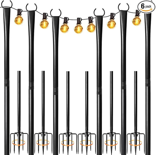 6 Pack String Light Poles for Outside, 10ft Heavy-Duty Metal Light Poles for Outdoor String Lights with Fork, Adjustable Lighting Accessories for Patio Decor Backyard Yard Pergola Garden Decorations
